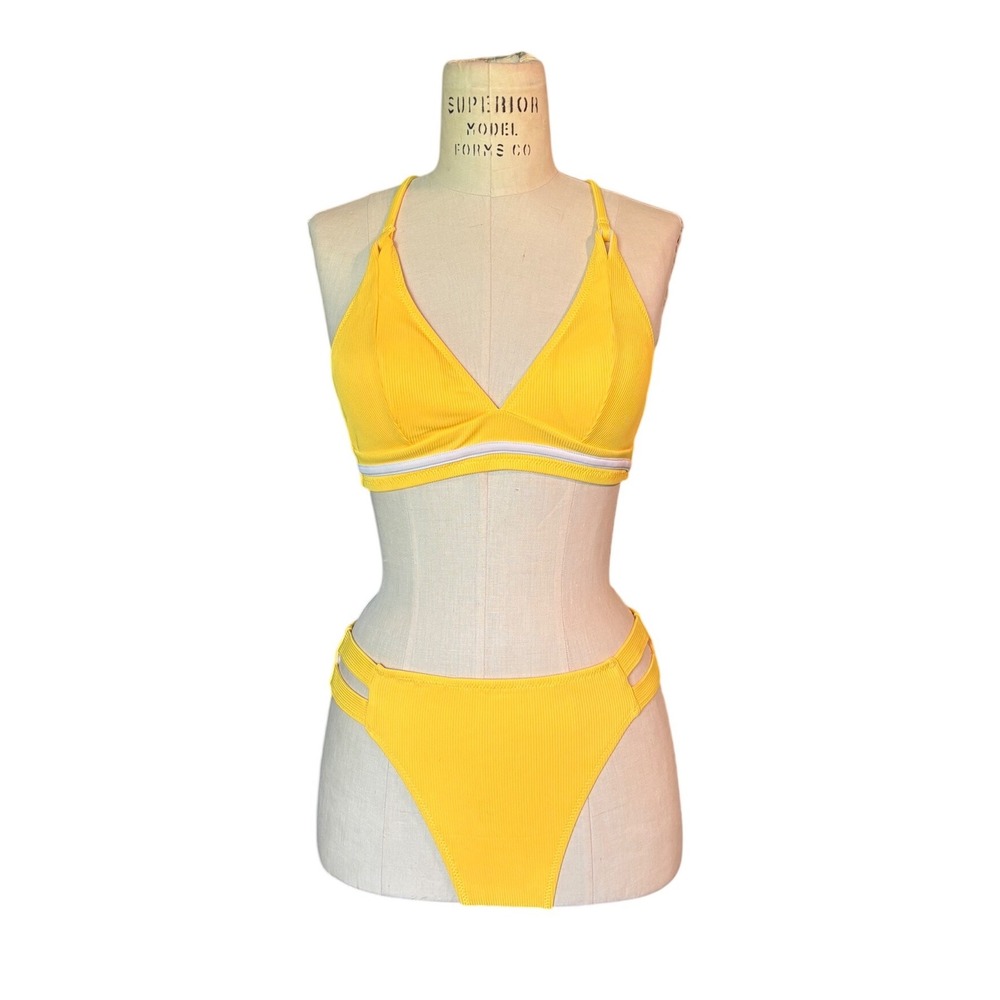 Yellow Ribbed Triangle Bikini Set Women Size M NWT Summer Bright Vacation Neon